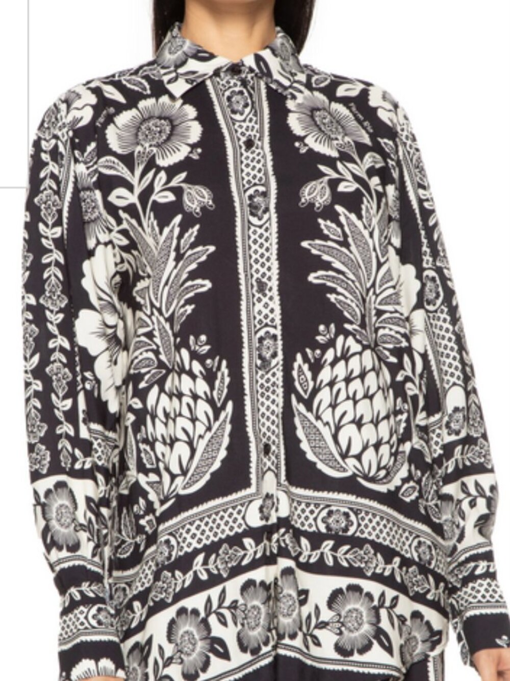 FARM Rio Garden Bloom Pineapple Black White Button Down Shirt Artsy Tropical M